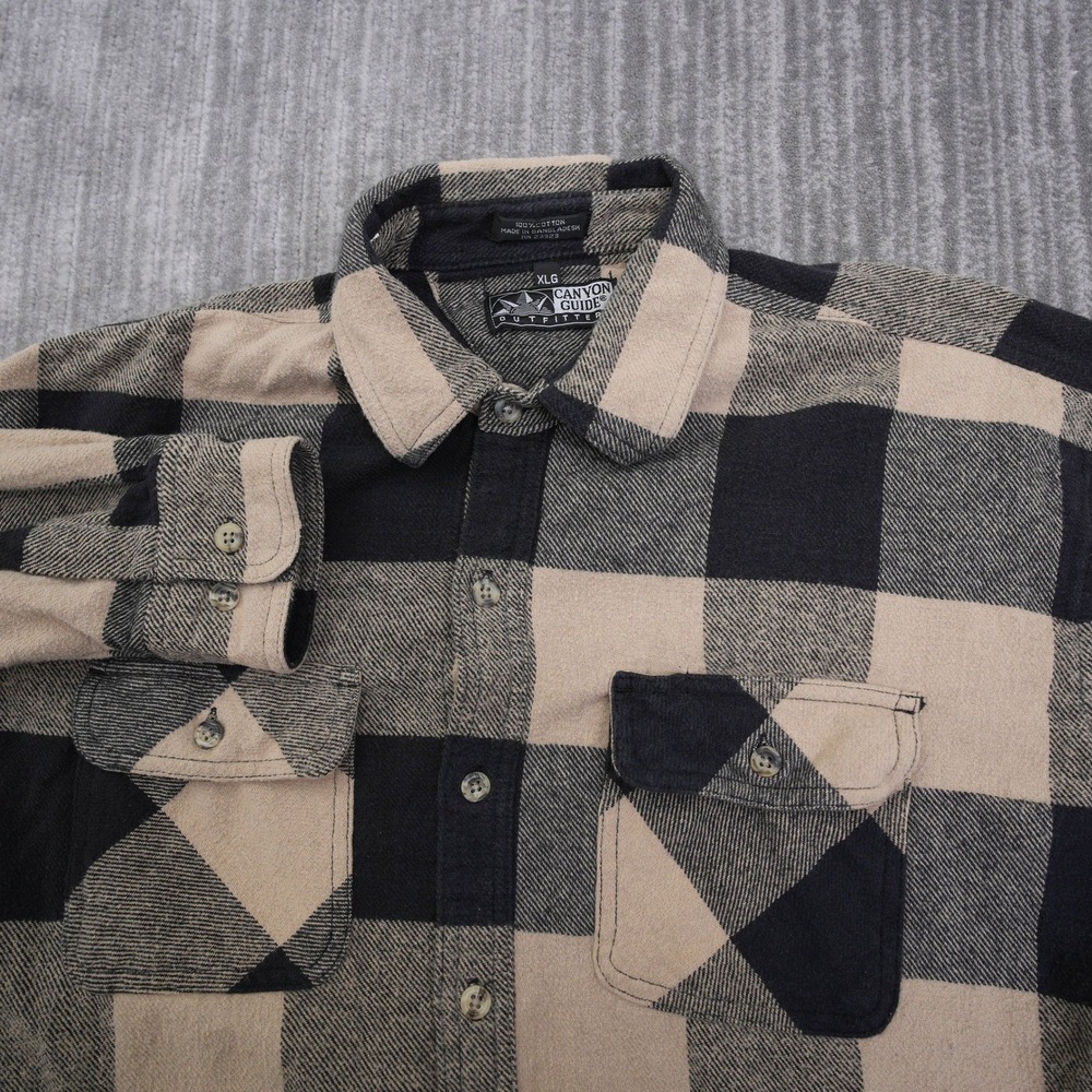 Canyon Guide‎ Outfitters Mens XLG Flannel Shirt Tan Black Buffalo Plaid Cotton